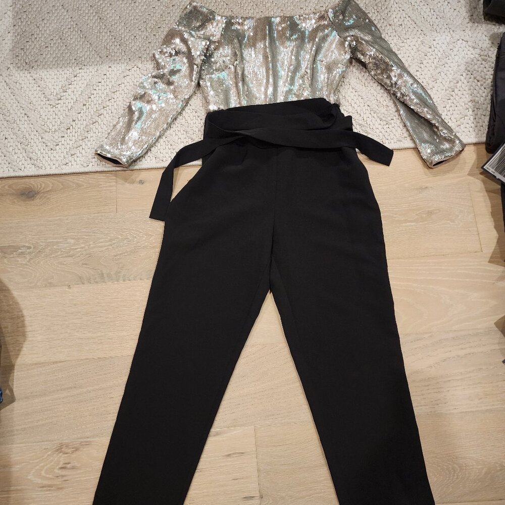 Aidan by Aidan MattoxSequin Bodice Long-Sleeve Off-the-Shoulder Jumpsuit